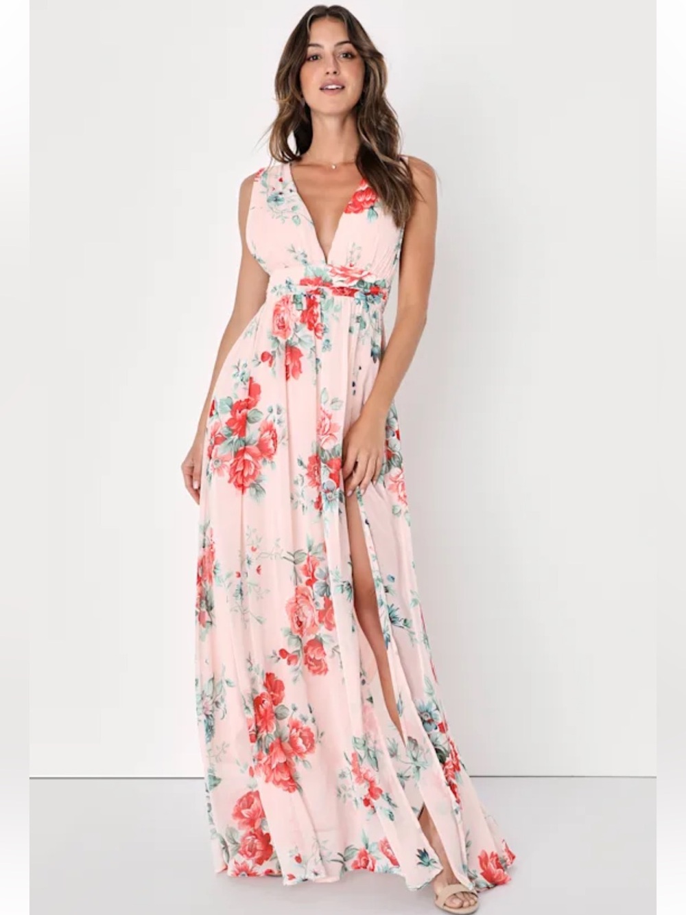 Lulus Garden Meandering Blush Floral Maxi Dress M